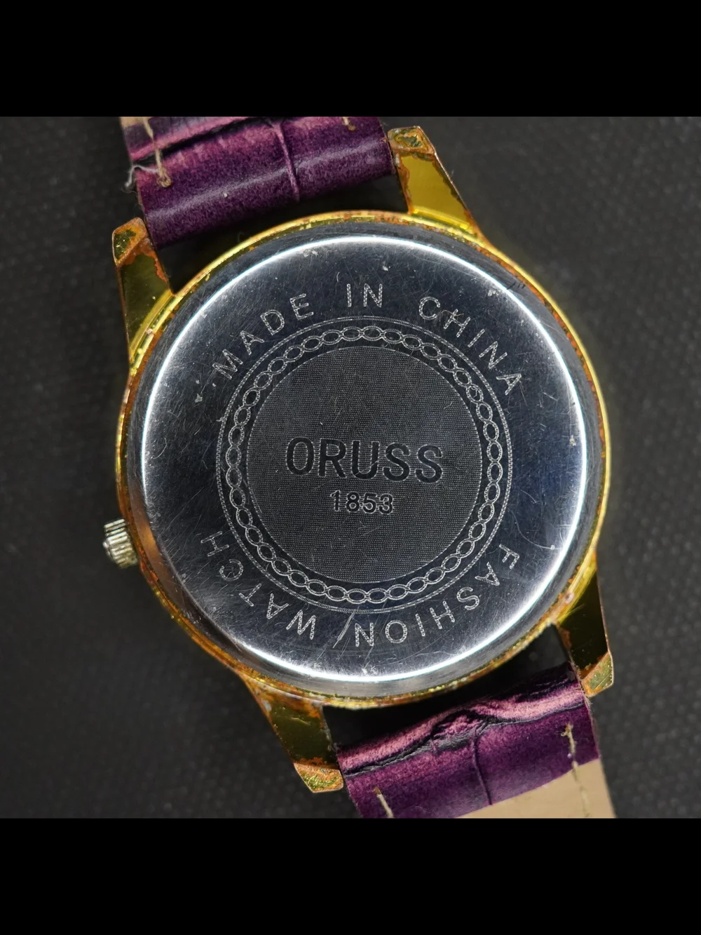Oruss 1853 Dragon Men's Quartz Watch Gold Tone Black Dial Purple Leather Band